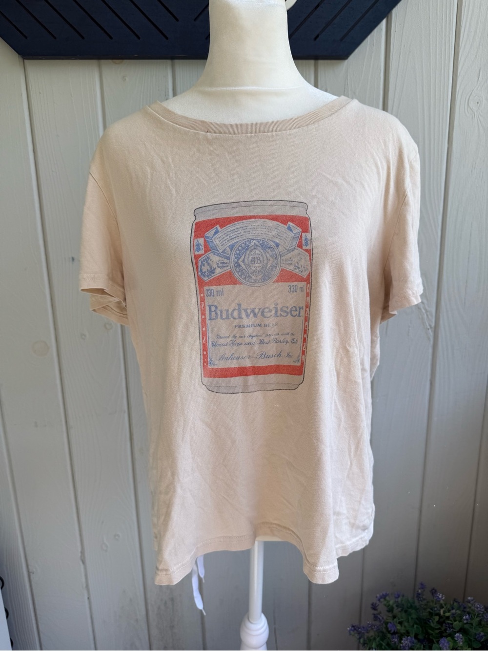 Lucky Brand Pale Pink Graphic Tee with Budweiser Can Print